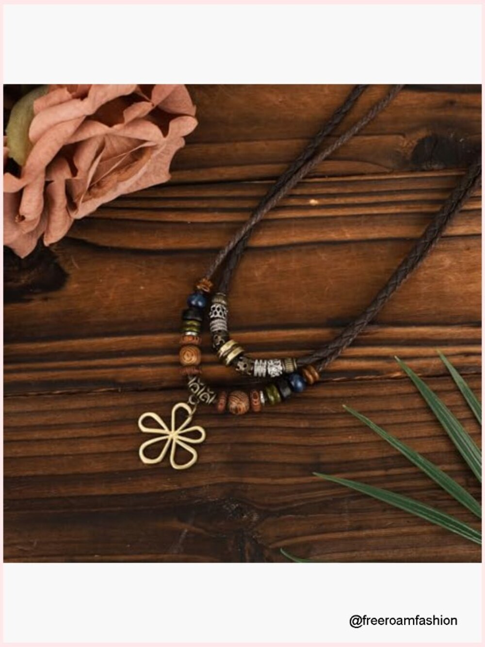 Double Layer Wood Bead Necklace with Hollow Flower Pendant, Adjustable Boho - Picture 3 of 7